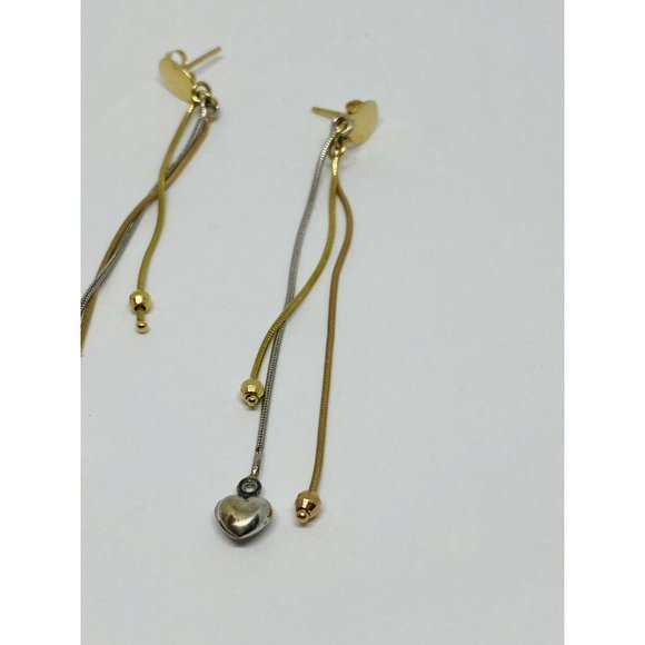 Solid 14k Tri Color 3 strand Omega  Dangle Drop  Earrings Hearts Beads 3” - Picture 4 of 6